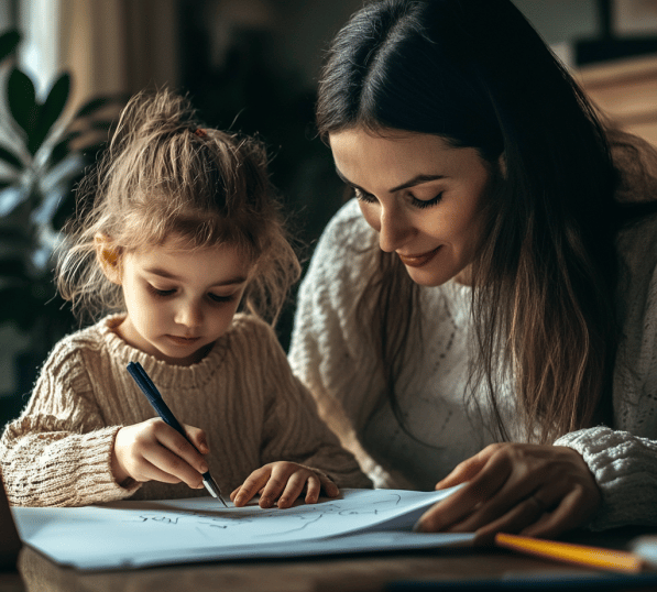 Una niña de unos 4 años escribiendo en un cuaderno con su madre al lado acompañándola.