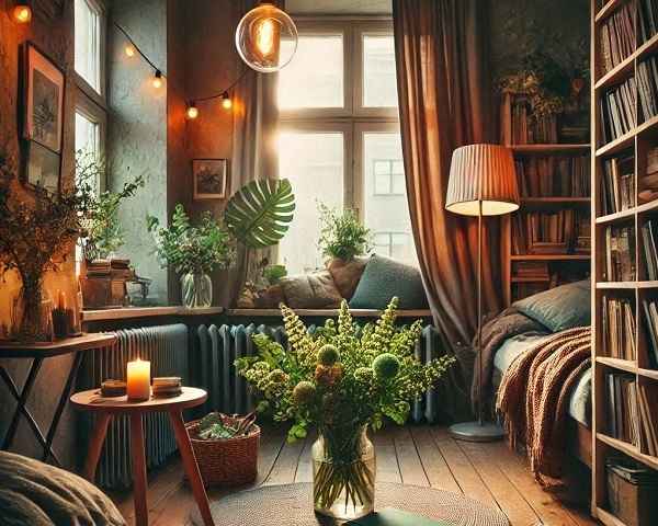 A cozy home with a bookshelf, green plants in pots, and rustic yellow lights, creating a peaceful energy-clearing space