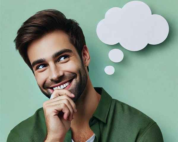 Smiling man in a thoughtful pose, symbolizing the power of positive thinking and affirmations for personal growth and happine
