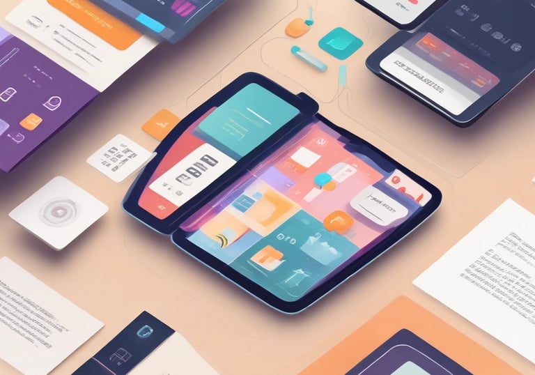 A bustling trade show or exposition with numerous booths displaying technology and financial services. People are interacting and walking around the exhibits, giving the scene a dynamic and busy atmosphere.