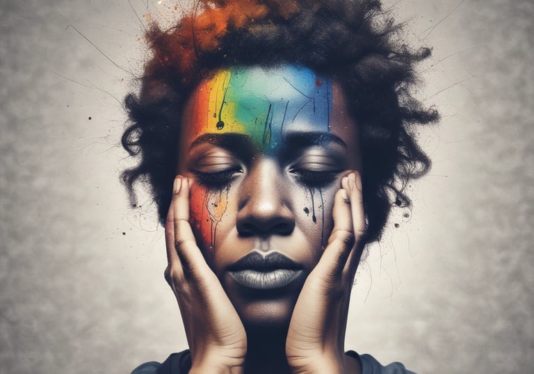 A person with long hair is sitting on a stool in a dark room, reading a document titled 'Action and Recovery'. The room features a circular light or projection on the floor and several cushioned stools scattered around.