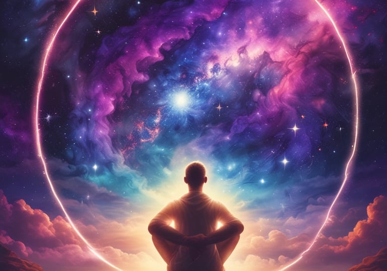 a man sitting on a hill with a large circle of stars