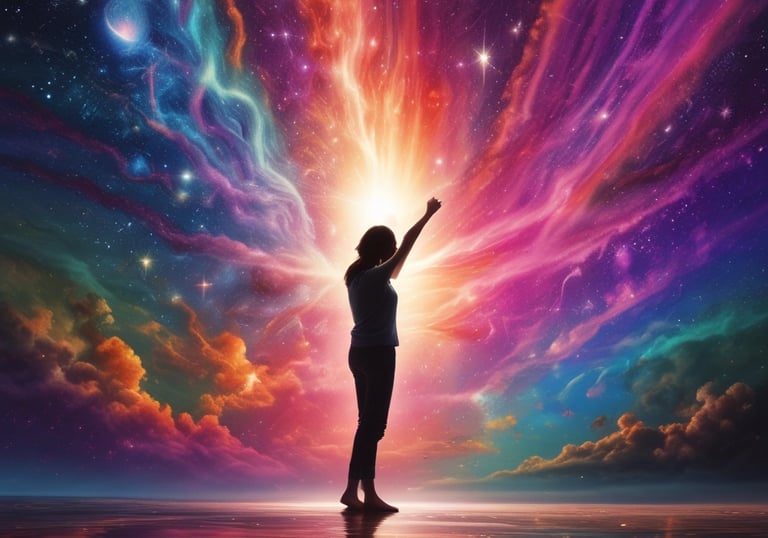 a woman standing in front of a colorful sky