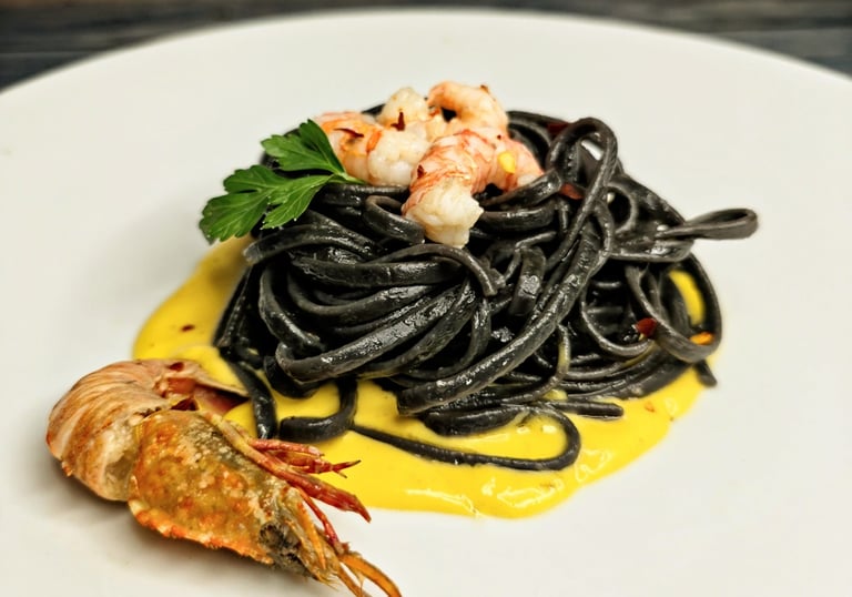Only for your dinners: Ink squid fettuccine with shrimp and saffron sauce