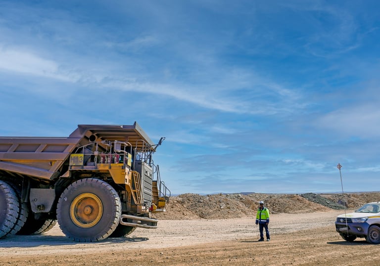 a hauler, a human and mining bakkie, stand together