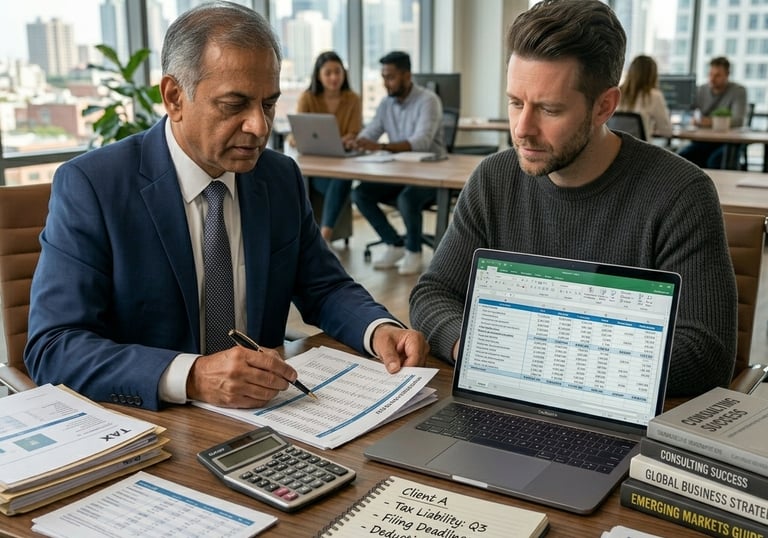 A professional accountant and client reviewing financial tax documents and spreadsheets in a modern office.