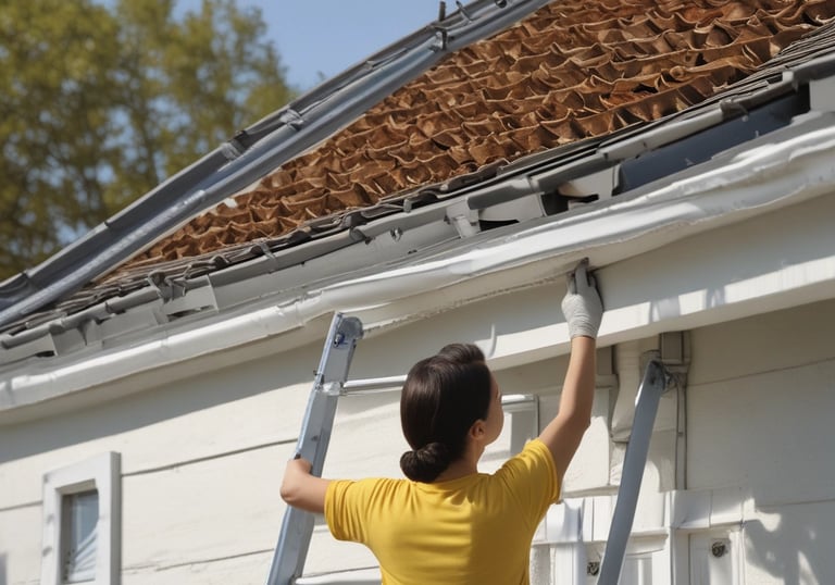 A person wearing protective gear, including a face shield and gloves, is power washing a sidewalk in an urban setting. Tall trees line the street, with a few people in the background walking along the sidewalk. The scene includes a road with light traffic and a prominent blue road sign.