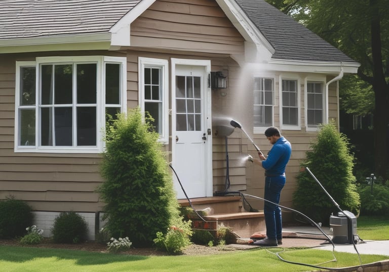 A person in a bright orange uniform and yellow hard hat is power washing the exterior of a structure next to a sidewalk. Large trees with dense green foliage are visible, along with bicycles parked under a canopy. The scene appears to be in an urban setting with buildings and construction in the background.