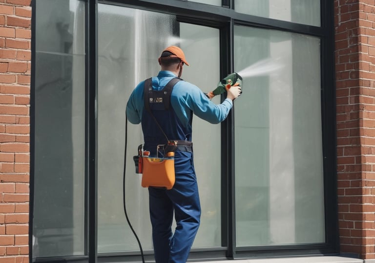 A worker is suspended on ropes, cleaning the windows of a large brick building. The person is equipped with cleaning gear, including a brush and a safety harness attached to a bucket of supplies. The window panes have visible streaks being cleaned, contrasted against the industrial background of brick and metal.