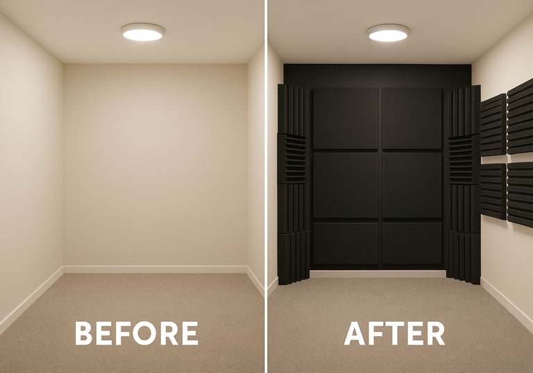 before and after adding acoustic foam panels