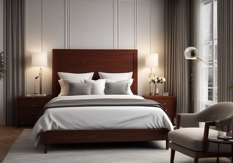 A serene bedroom showcasing a comfortable bed and decorative elements.