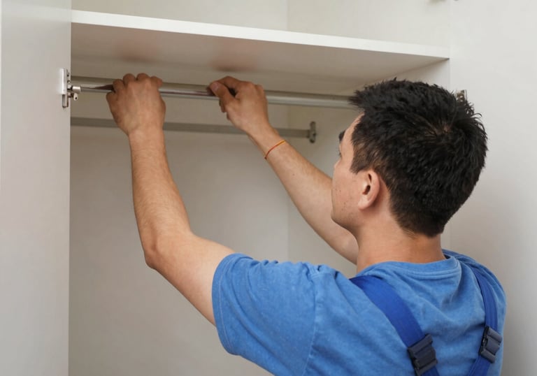 Technician assembling a large wooden wardrobe in a bright Singapore apartment.