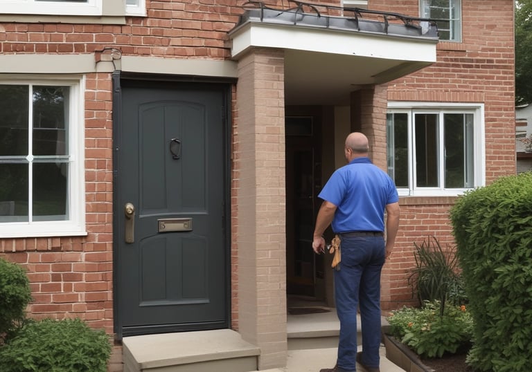 A smart video doorbell is mounted on a deep blue door with a blurred out number plate in the background.