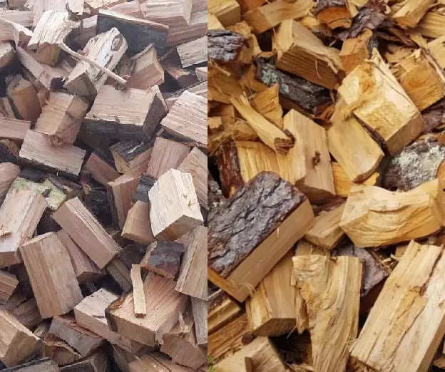 Split image of a pile of pine and microcarpa