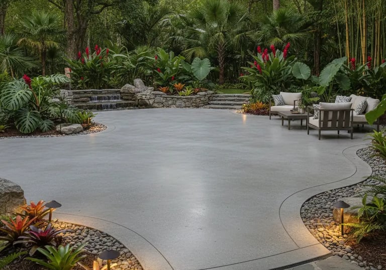 Concrete patio with elegant curved edges flowing naturally into the landscaping.