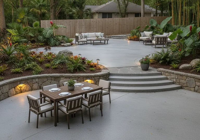 Two-tiered concrete patio design with steps connecting different levels.