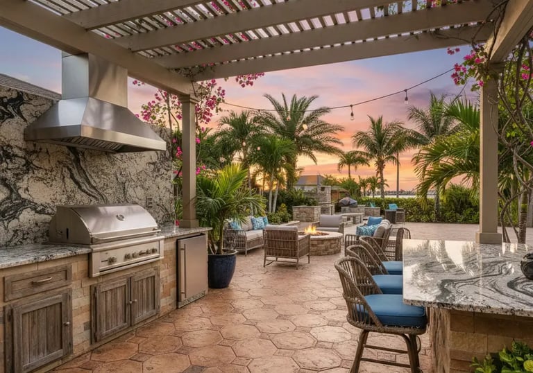 Large stamped concrete patio with built-in outdoor kitchen featuring a grill, counters, and bar seating