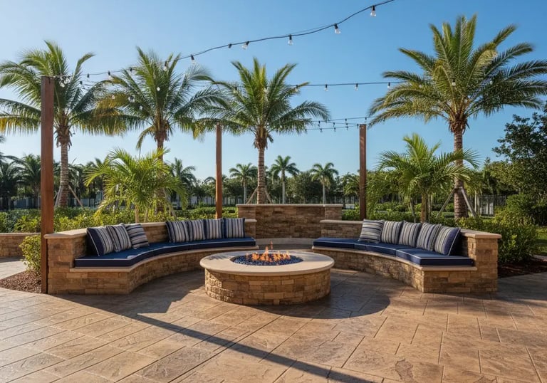 Stamped concrete patio featuring a built-in circular fire pit surrounded by built-in seating
