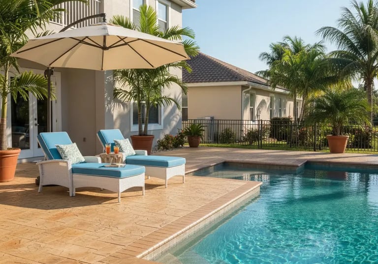 Expansive concrete patio connected to a pool deck with a decorative finish. Features lounge chairs, umbrellas
