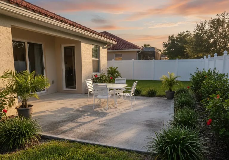 Classic rectangular concrete patio with a smooth broom finish, outdoor furniture