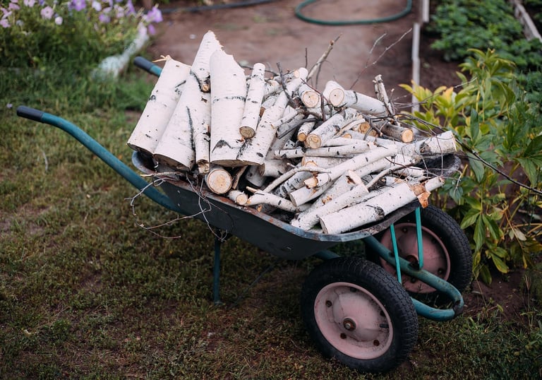 brouette avec des bûches dedans