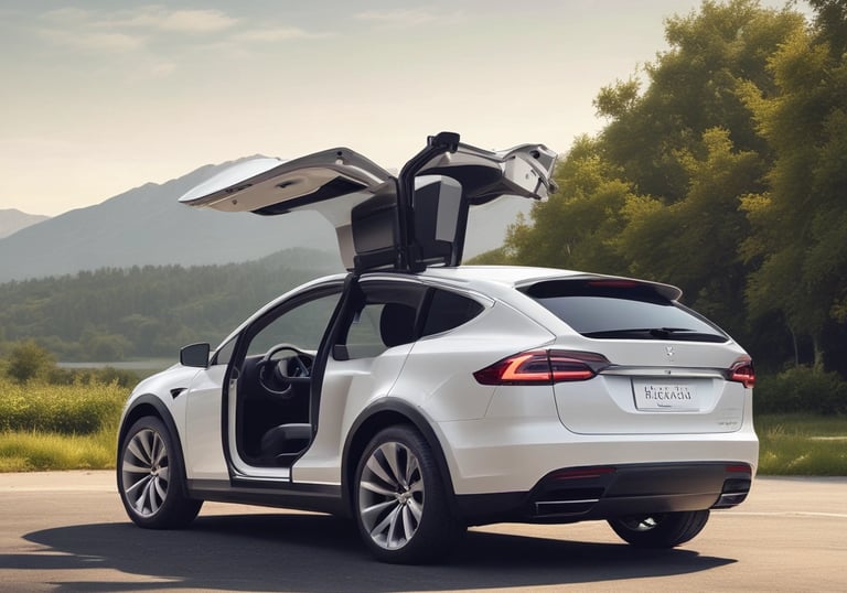 A black Tesla car with its falcon-wing doors open is parked in a desert landscape. Surrounding the car are numerous tall wind turbines, scattered across the dry, shrub-filled terrain. In the background, there are distant mountain ranges under a vibrant, clear blue sky.