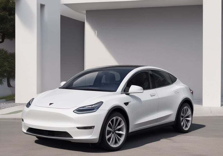 A white Tesla vehicle is pictured with its falcon-wing doors open, displaying a modern and sleek interior under a twilight sky. The car is parked on a concrete surface, visible in profile with branding on the door.