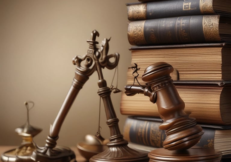 An elegant office setting with legal books and scales of justice, conveying professionalism and authority.