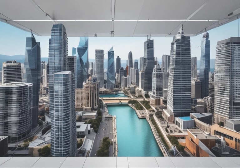 a man riding a skateboard down a street next to tall buildings