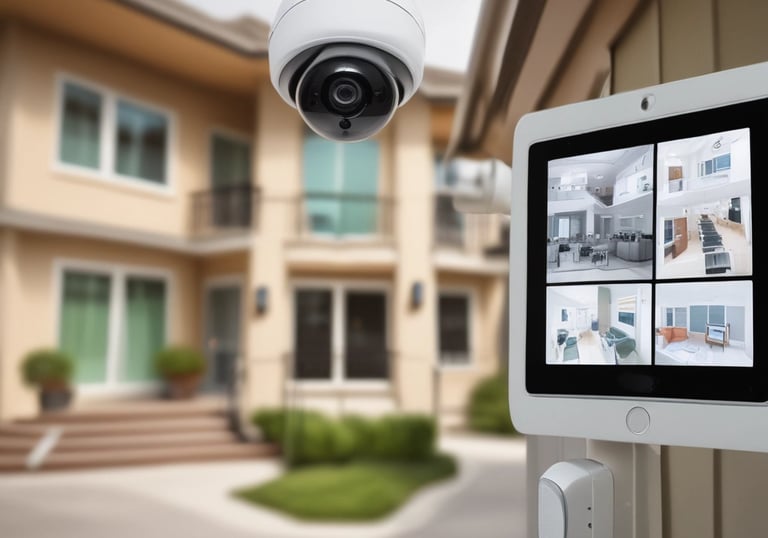 A modern interior design featuring a large wooden sliding door with horizontal planks and a black frame. Large windows allow natural light to stream in, with lush greenery visible outside. Part of a cozy bed with white sheets and a gray blanket is visible in the foreground.