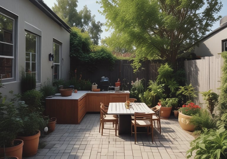 A sunlit patio with terracotta tiles is adorned with cleaning equipment, including a wet and dry vacuum, containers of cleaning solutions, and a pressure washer. A portion of a white car is visible near a hedge-lined driveway, while lush green vegetation and a manicured lawn provide a backdrop.