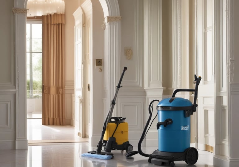 A person is seen sweeping a tiled stairway that runs alongside a stone wall in an urban area. The street is bordered by residential buildings with balconies. Another person in the background appears to be engaged in a similar cleaning activity, and a third person is walking down the steps.