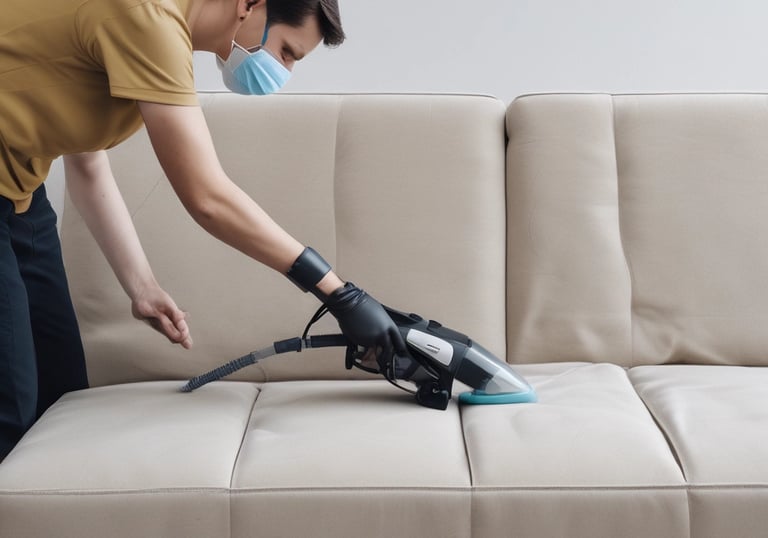 A person wearing a maroon suit is leaning back while vacuuming a rug in a neatly arranged room. The room features large windows with black frames, a plant, and various pieces of furniture such as a yellow armchair and a brown sofa. The walls are adorned with framed pictures and artwork.
