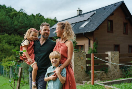 a family of three children standing in front of a house with solar energy system