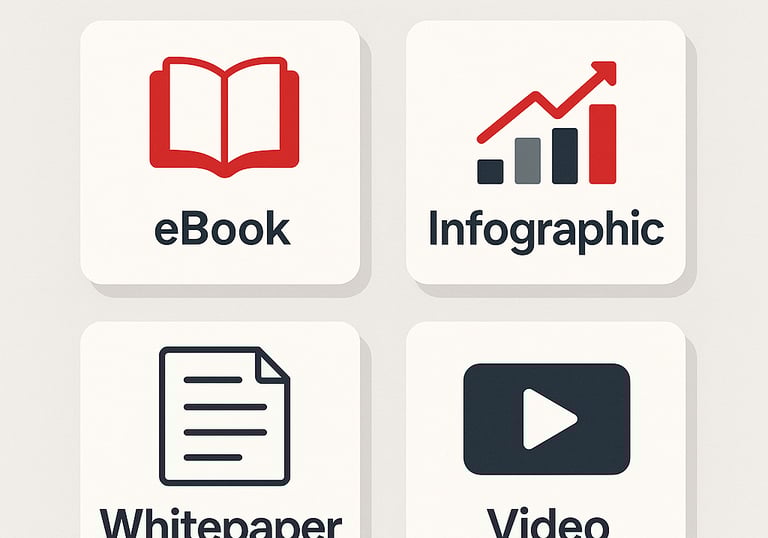 Four download option cards on light gray: a red open-book icon labeled ‘eBook,’ a red-and-gray bar.