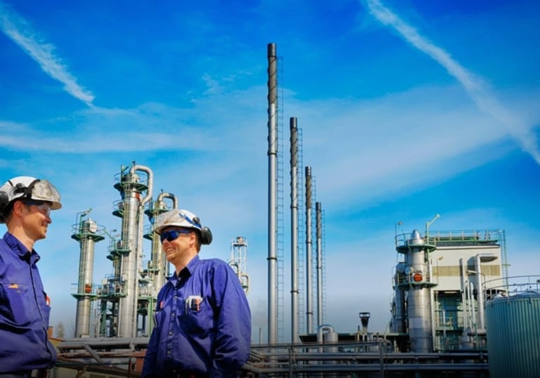 Durraniz consultants' engineers in blue uniforms standing in front of a oil and gas plant.