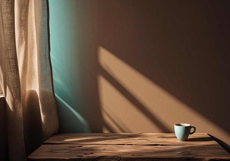 Taza de café en mesa de madera con sombras largas y cortina beige, ambiente sereno y reflexivo