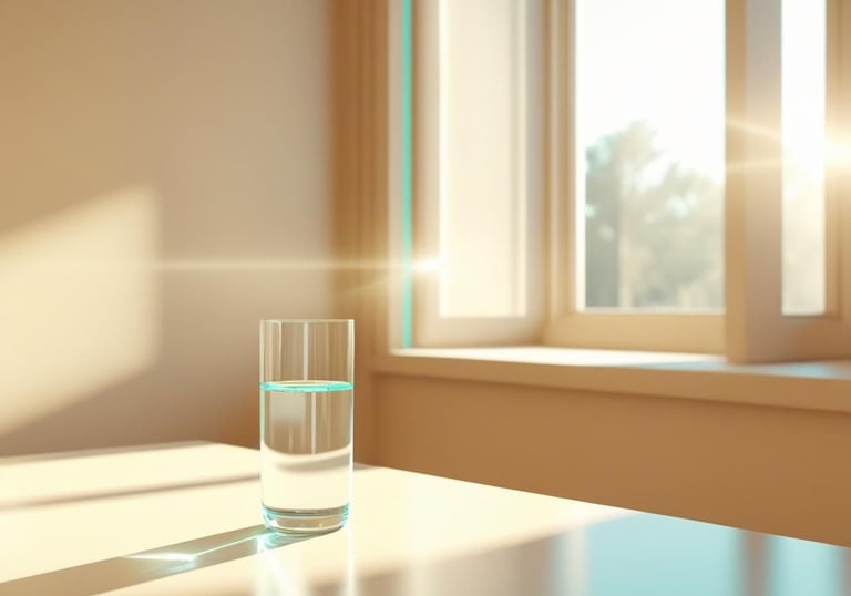 Vaso de agua sobre mesa de madera iluminada por luz natural suave entrando desde una ventana