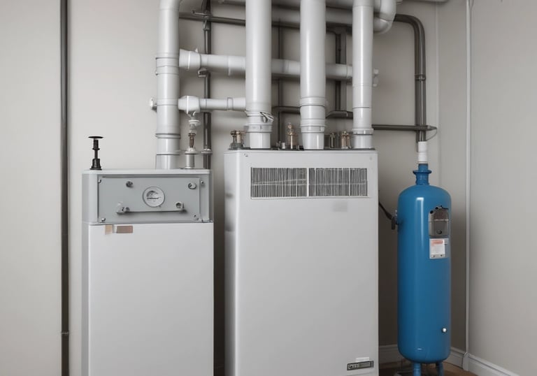 Verwarmingsinstallatie met leidingen, tanks en zonnepanelen voor energie-efficiënte woning