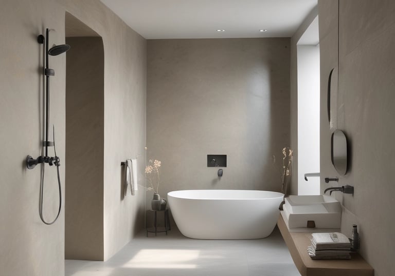 Moderne badkamer met inloopdouche, vrijstaand bad en wastafel in een stijlvolle mortex afwerking