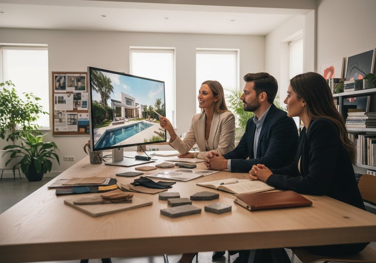Architects discuss a luxury home design with a pool on a large monitor, surrounded by material samples in a modern office.