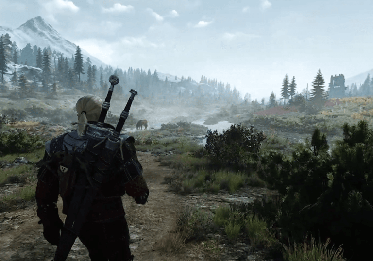 image of geralt walking down the dense forest