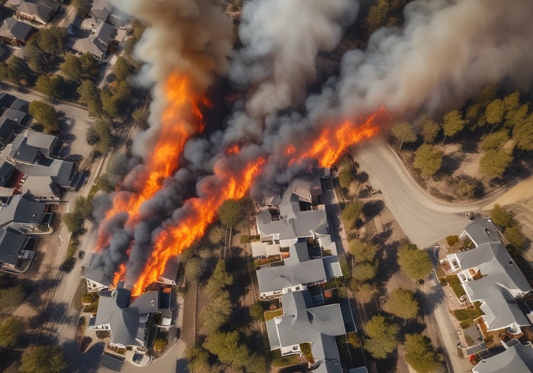 A house with a beige exterior and two garage doors is surrounded by green trees and bushes. Dark black smoke billows dramatically into the sky, suggesting a fire nearby.
