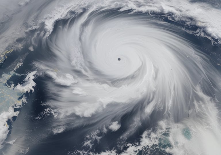 A significantly damaged house with its structure leaning precariously and a partially crushed blue vehicle wedged underneath. The house's siding is warped and twisted, with debris scattered around.