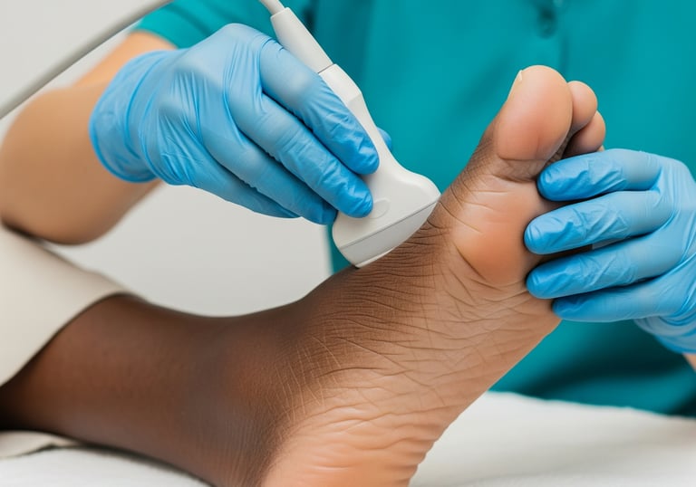 A foot health practitioner is using a doppler ultrasound wand to check for pulse in foot
