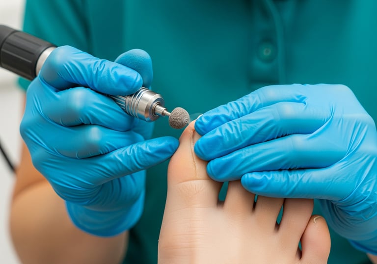A foot health practitioner is using a nail drill with a bur attachment to file calluses on a foot