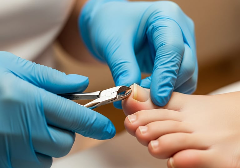 a foot health practitioner wearing gloves is cutting toenails using nippers