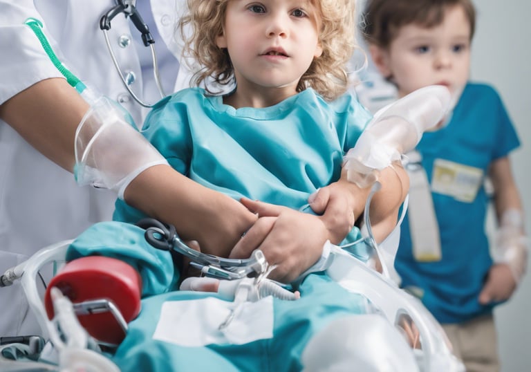 A caregiver wearing surgical attire reads 'The Cat in the Hat' to a child in a protective environment. The child, also wearing protective clothing, smiles while clutching a doll. The setting appears to be a medical isolation room, indicated by the plastic curtains and sterile equipment.