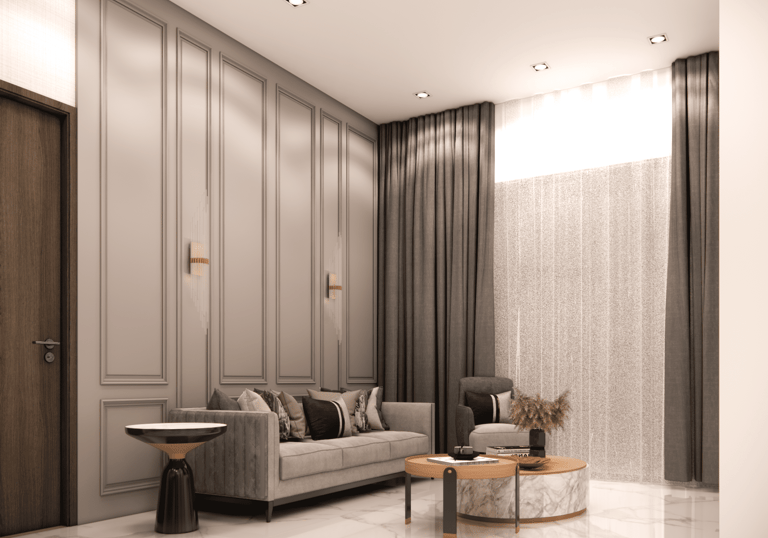 Interior design detail of living room sofa back panel paired with sofa and curtains