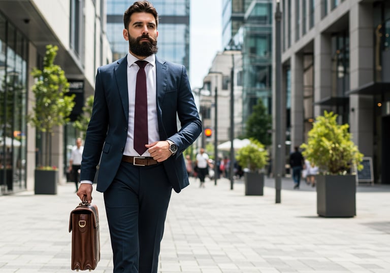 confident masculine executive in a suit and tie is walking down a sidewalk